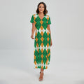 Irish Themed Argyle Pattern Print Short Sleeve Maxi Dress
