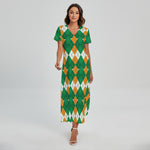 Irish Themed Argyle Pattern Print Short Sleeve Maxi Dress