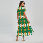 Irish Themed Argyle Pattern Print Short Sleeve Maxi Dress