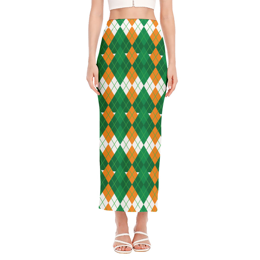 Irish Themed Argyle Pattern Print Side Slit Maxi Skirt