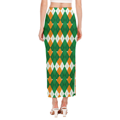 Irish Themed Argyle Pattern Print Side Slit Maxi Skirt