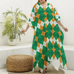 Irish Themed Argyle Pattern Print Silk V-Neck Kaftan Dress