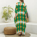 Irish Themed Argyle Pattern Print Silk V-Neck Kaftan Dress