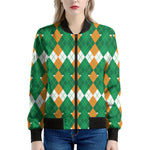 Irish Themed Argyle Pattern Print Women's Bomber Jacket