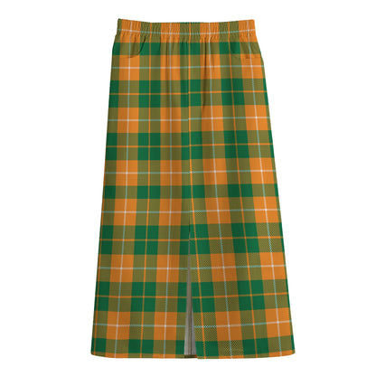 Irish Themed Plaid Pattern Print Cotton Front Slit Maxi Skirt