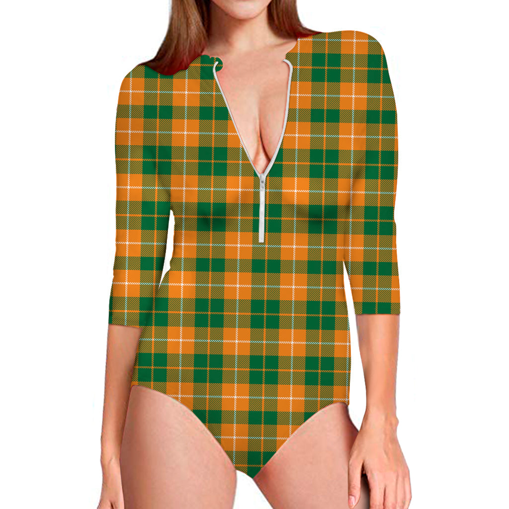 Irish Themed Plaid Pattern Print Long Sleeve Swimsuit