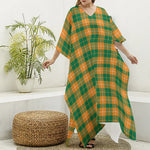 Irish Themed Plaid Pattern Print Silk V-Neck Kaftan Dress