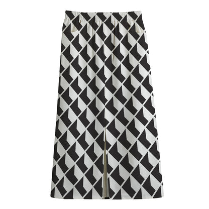 Isometric Geometric Pattern Print Cotton Front Slit Maxi Skirt