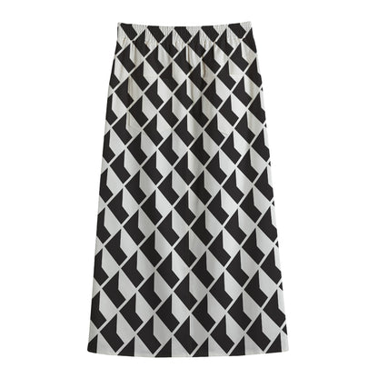 Isometric Geometric Pattern Print Cotton Front Slit Maxi Skirt