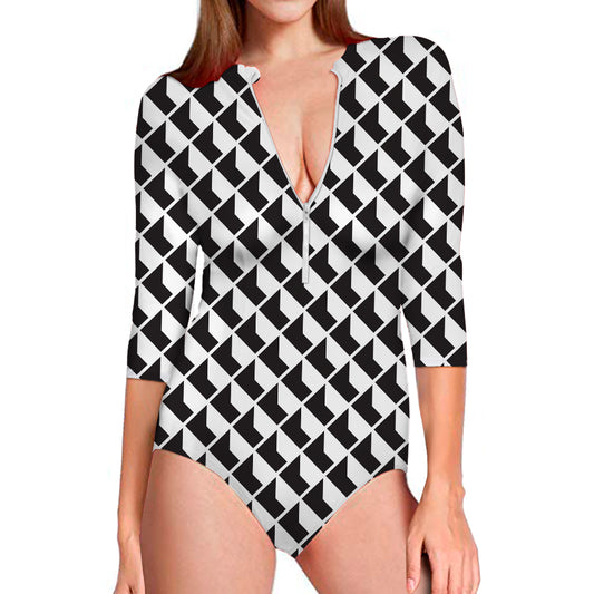 Isometric Geometric Pattern Print Long Sleeve Swimsuit