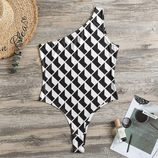 Isometric Geometric Pattern Print One Shoulder Bodysuit