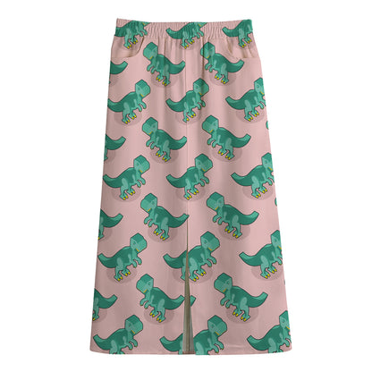 Isometric Tyrannosaurus Pattern Print Cotton Front Slit Maxi Skirt