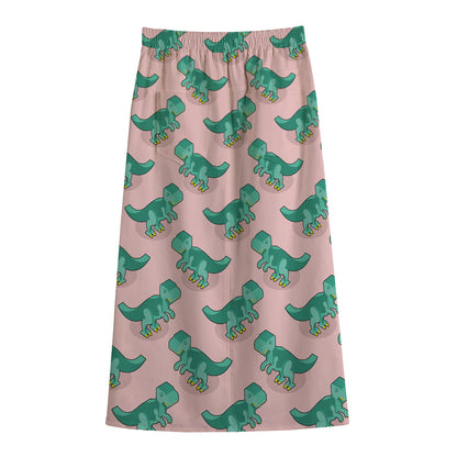 Isometric Tyrannosaurus Pattern Print Cotton Front Slit Maxi Skirt