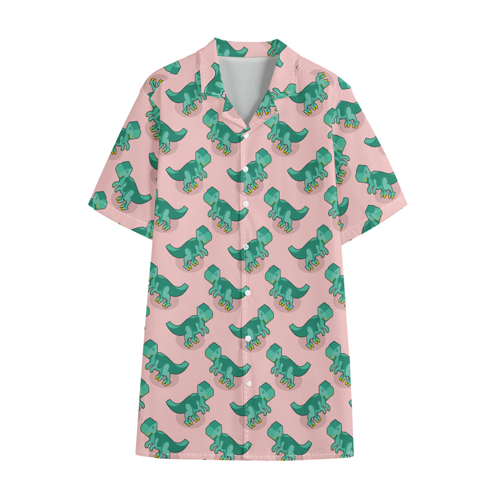 Isometric Tyrannosaurus Pattern Print Cotton Hawaiian Shirt