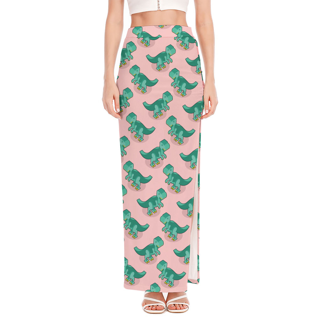 Isometric Tyrannosaurus Pattern Print High Slit Maxi Skirt
