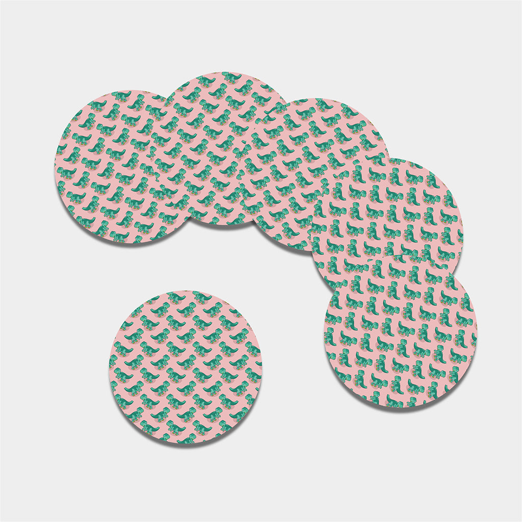 Isometric Tyrannosaurus Pattern Print Leather Coaster Set