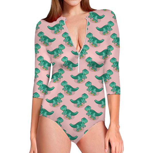 Isometric Tyrannosaurus Pattern Print Long Sleeve Swimsuit