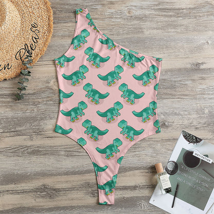 Isometric Tyrannosaurus Pattern Print One Shoulder Bodysuit