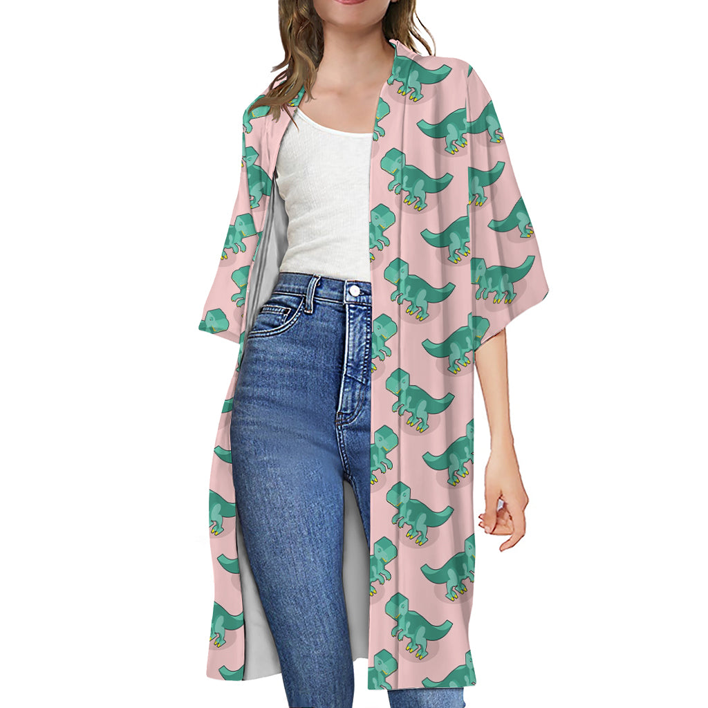 Isometric Tyrannosaurus Pattern Print Open Front Beach Cover Up