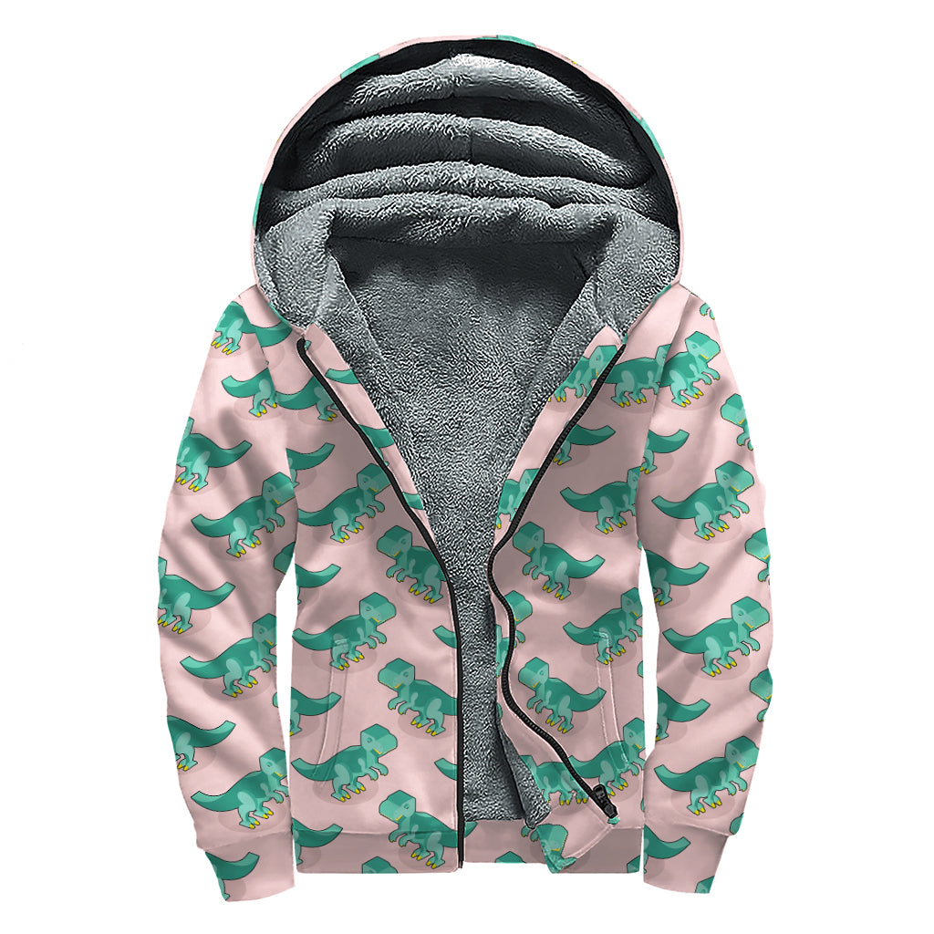 Isometric Tyrannosaurus Pattern Print Sherpa Lined Zip Up Hoodie