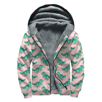 Isometric Tyrannosaurus Pattern Print Sherpa Lined Zip Up Hoodie