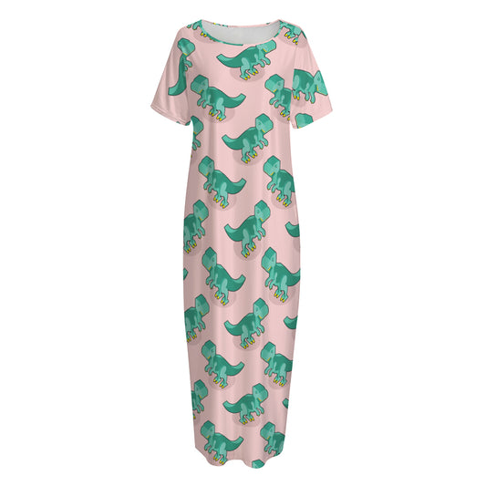Isometric Tyrannosaurus Pattern Print Short Sleeve Long Nightdress