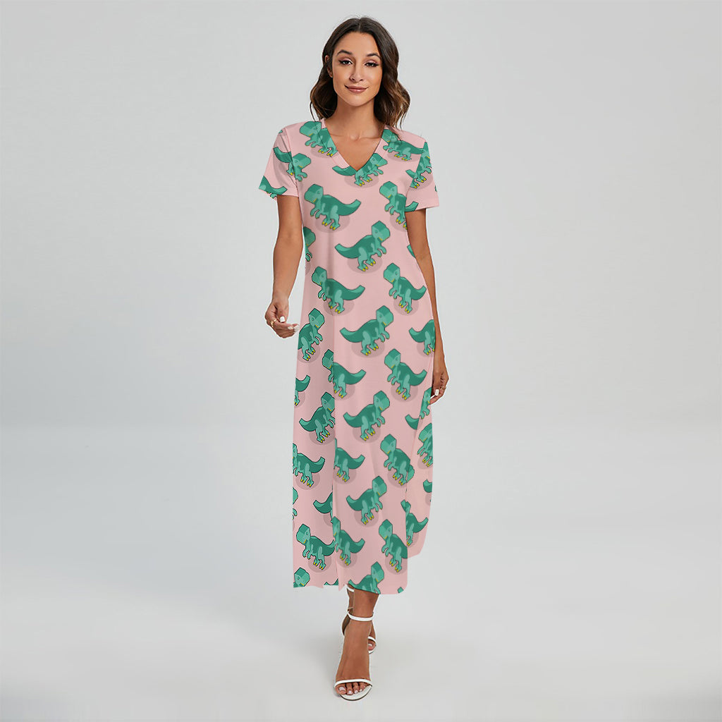 Isometric Tyrannosaurus Pattern Print Short Sleeve Maxi Dress