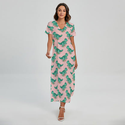 Isometric Tyrannosaurus Pattern Print Short Sleeve Maxi Dress