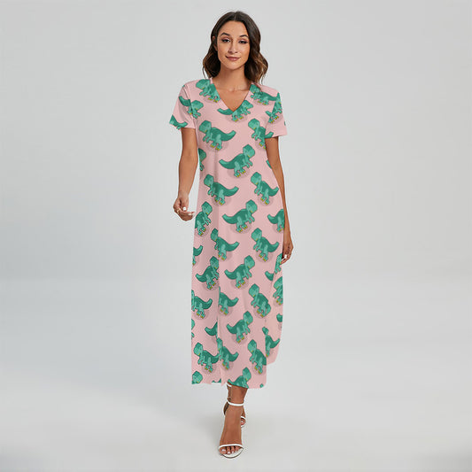 Isometric Tyrannosaurus Pattern Print Short Sleeve Maxi Dress