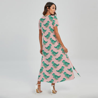 Isometric Tyrannosaurus Pattern Print Short Sleeve Maxi Dress