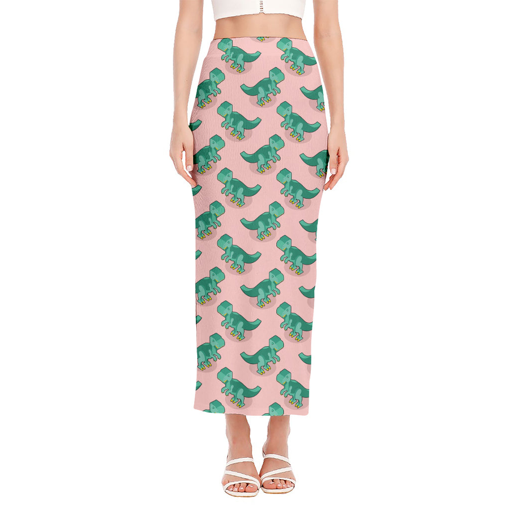 Isometric Tyrannosaurus Pattern Print Side Slit Maxi Skirt