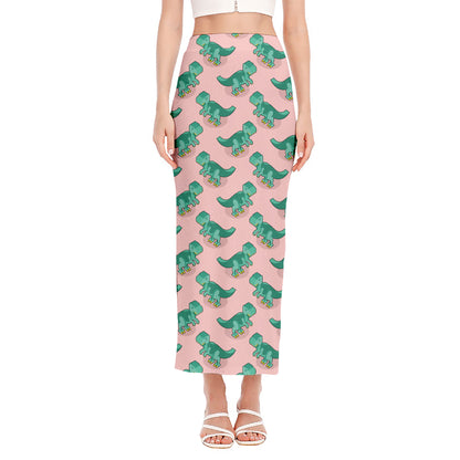 Isometric Tyrannosaurus Pattern Print Side Slit Maxi Skirt