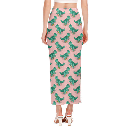 Isometric Tyrannosaurus Pattern Print Side Slit Maxi Skirt