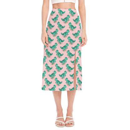 Isometric Tyrannosaurus Pattern Print Side Slit Midi Skirt