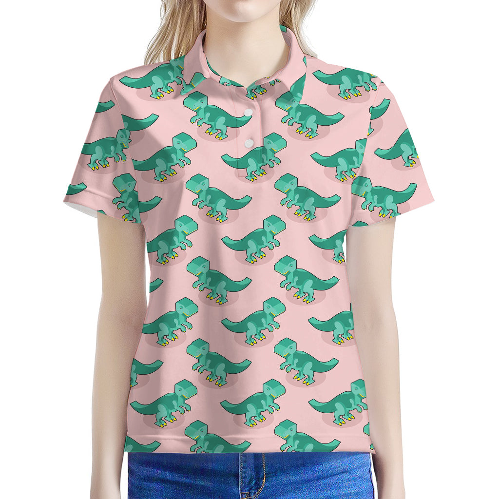 Isometric Tyrannosaurus Pattern Print Women's Polo Shirt