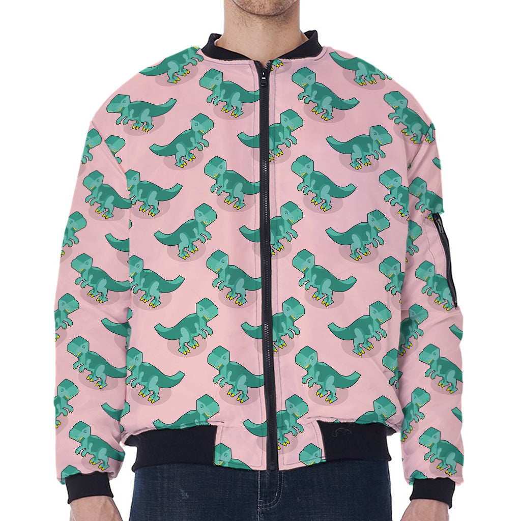 Isometric Tyrannosaurus Pattern Print Zip Sleeve Bomber Jacket
