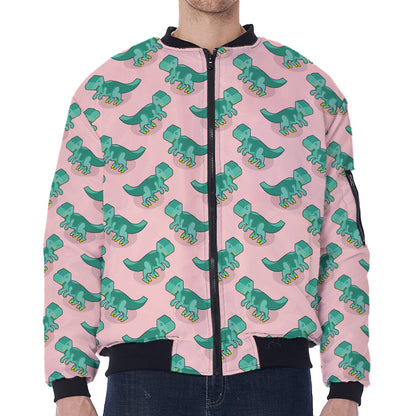 Isometric Tyrannosaurus Pattern Print Zip Sleeve Bomber Jacket