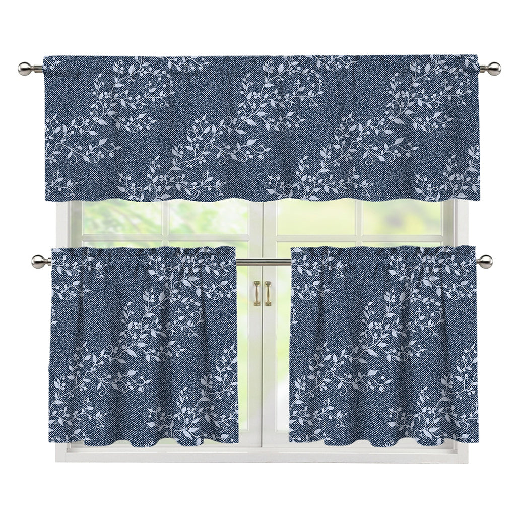 Ivy Flower Denim Jeans Pattern Print 3 Piece Kitchen Curtains