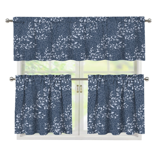 Ivy Flower Denim Jeans Pattern Print 3 Piece Kitchen Curtains