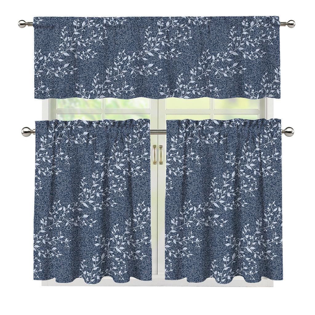 Ivy Flower Denim Jeans Pattern Print 3 Piece Kitchen Curtains