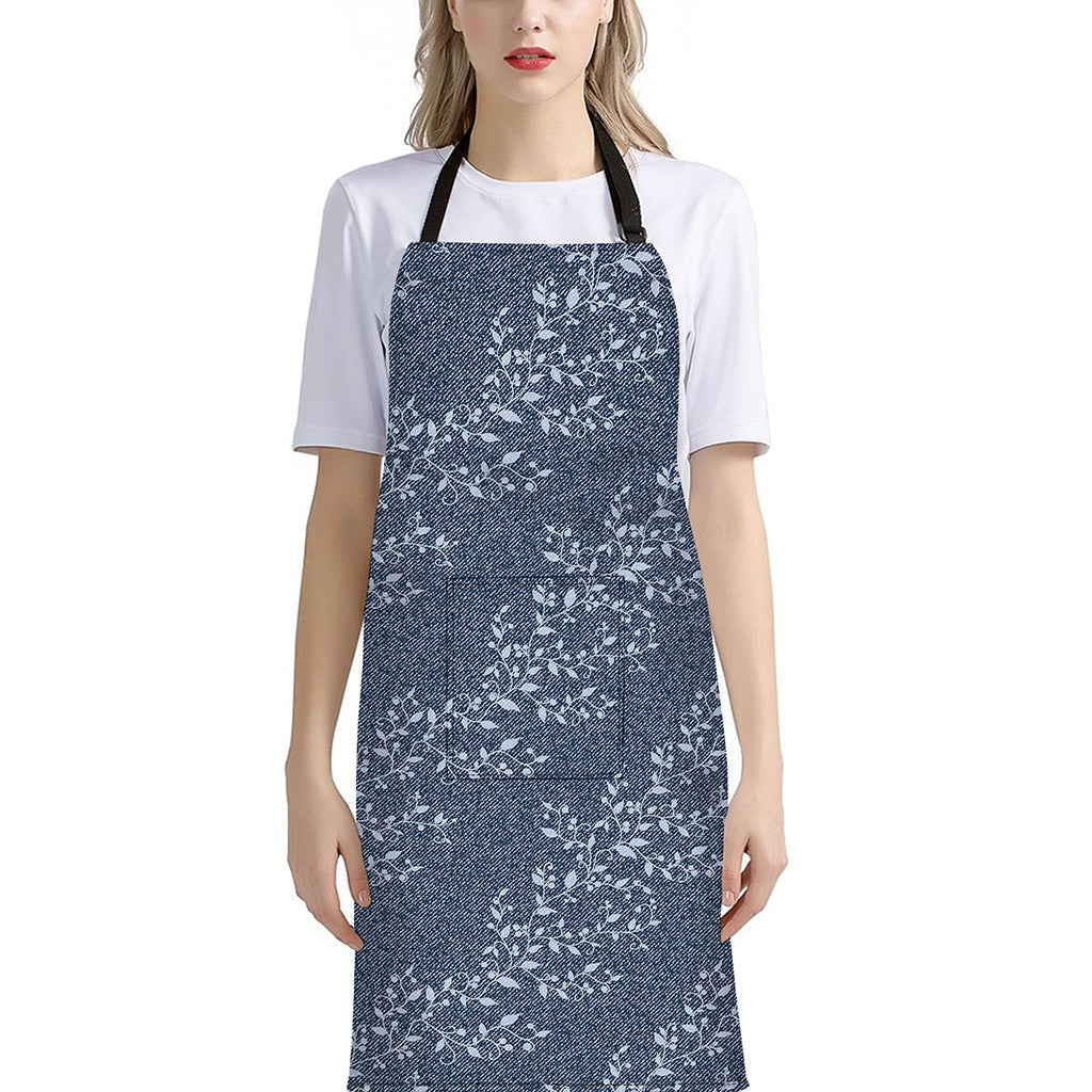 Ivy Flower Denim Jeans Pattern Print Bib Apron With Pocket