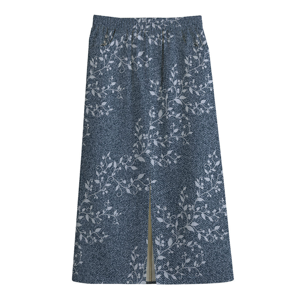 Ivy Flower Denim Jeans Pattern Print Cotton Front Slit Maxi Skirt