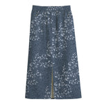 Ivy Flower Denim Jeans Pattern Print Cotton Front Slit Maxi Skirt