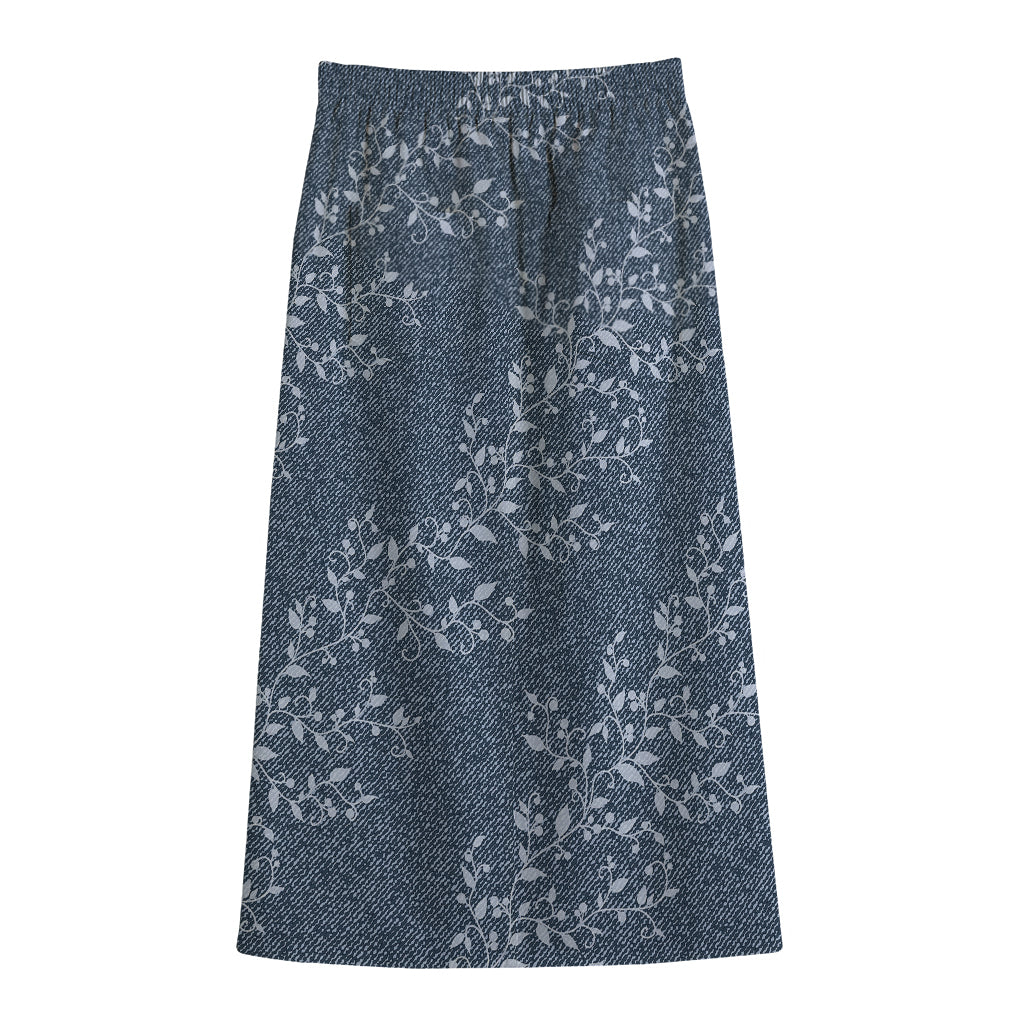 Ivy Flower Denim Jeans Pattern Print Cotton Front Slit Maxi Skirt