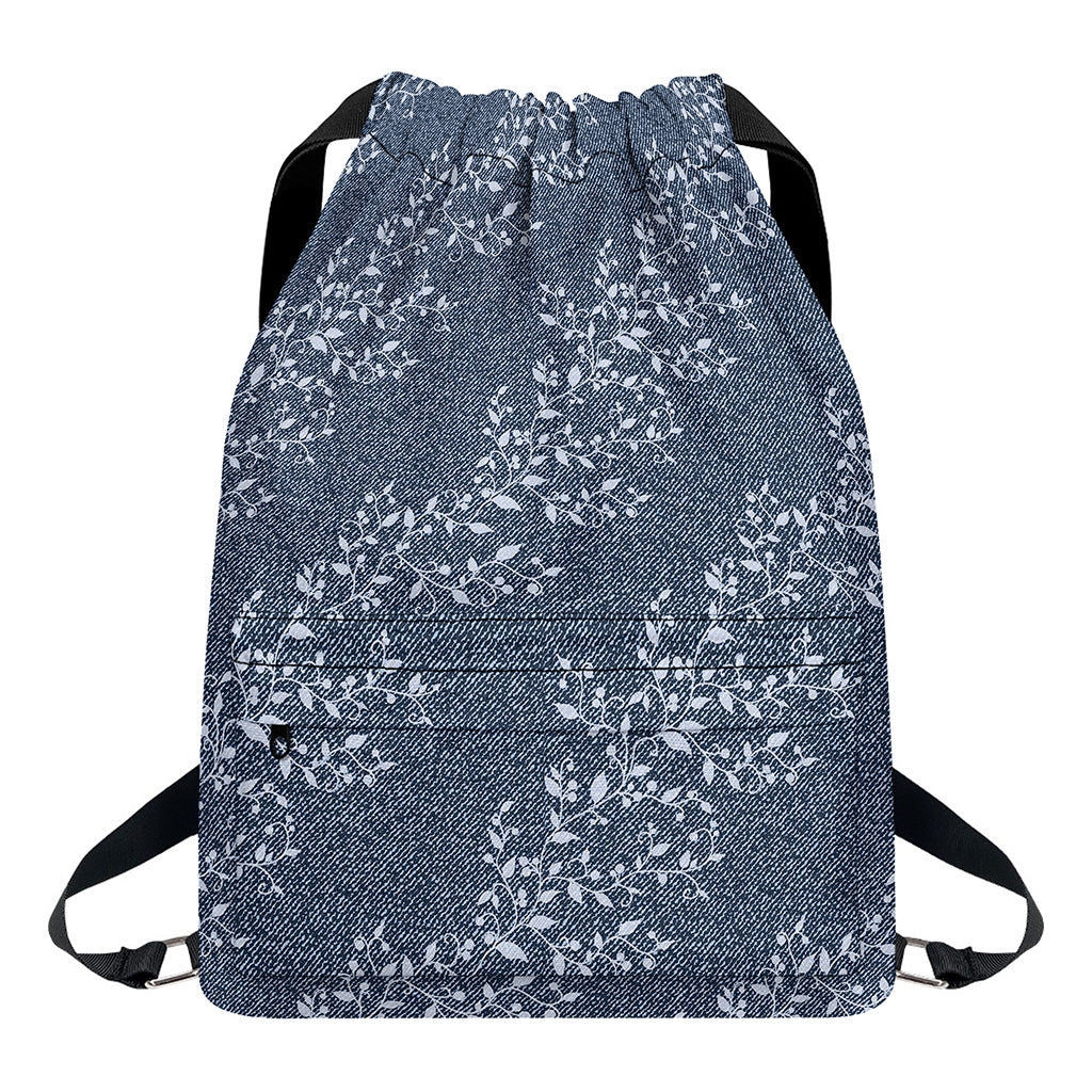 Ivy Flower Denim Jeans Pattern Print Drawstring Backpack