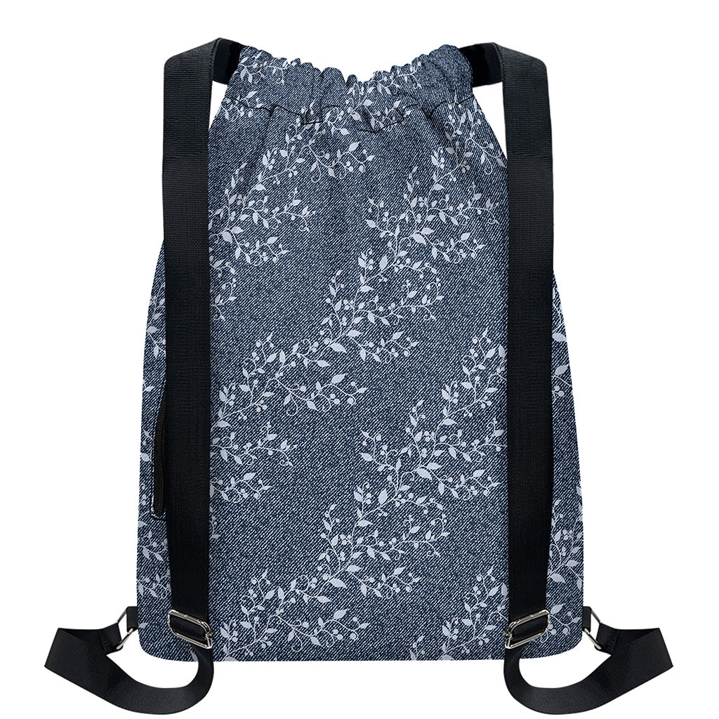 Ivy Flower Denim Jeans Pattern Print Drawstring Backpack