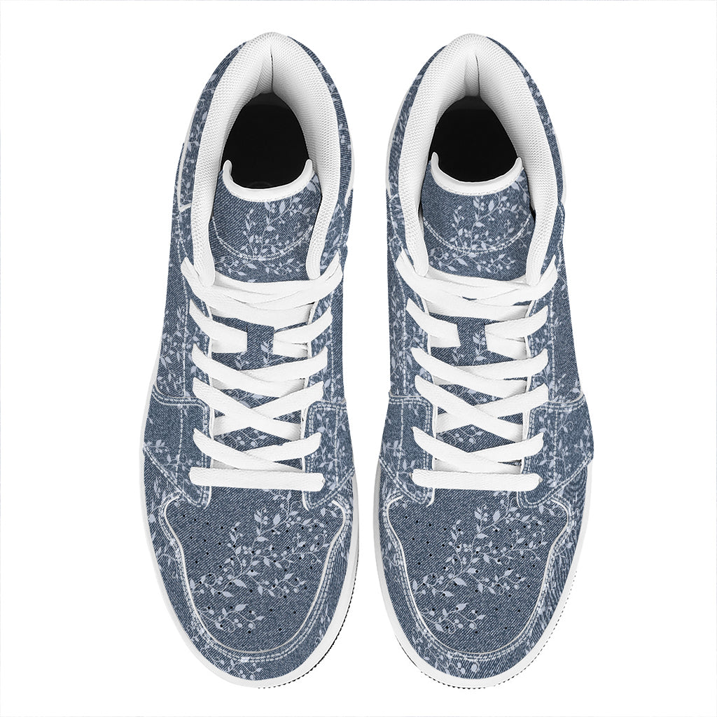 Ivy Flower Denim Jeans Pattern Print High Top Leather Sneakers