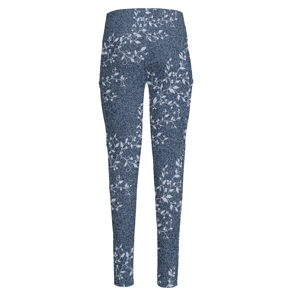 Ivy Flower Denim Jeans Pattern Print High-Waisted Pocket Leggings