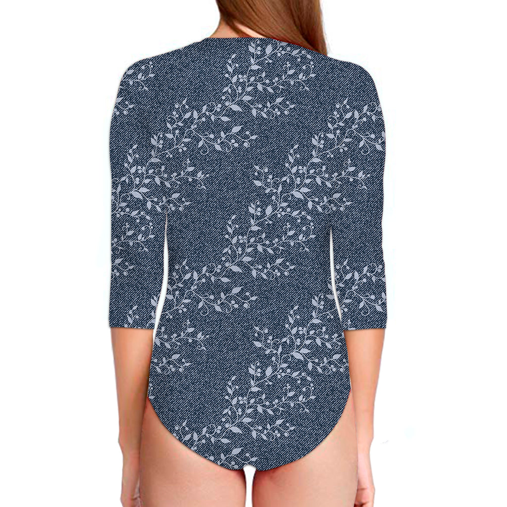 Ivy Flower Denim Jeans Pattern Print Long Sleeve Swimsuit