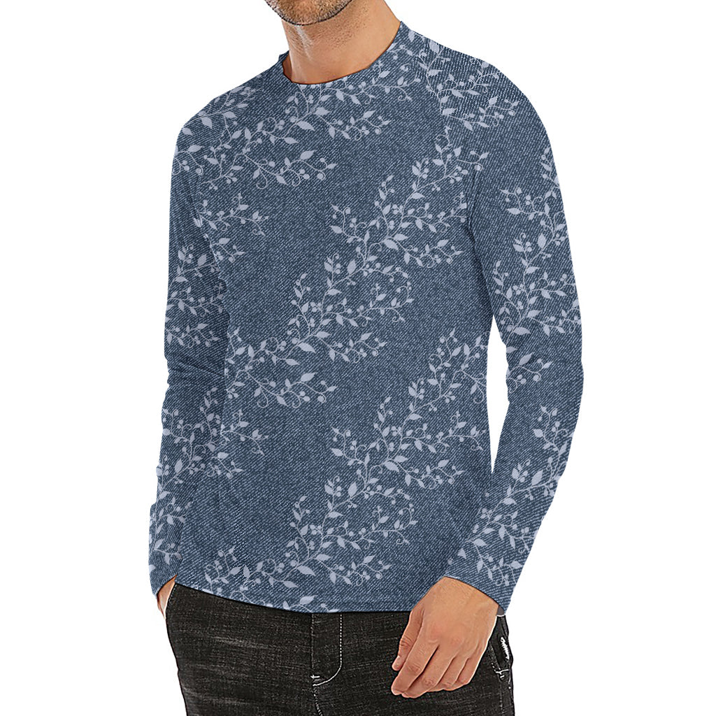 Ivy Flower Denim Jeans Pattern Print Men's Long Sleeve Rash Guard